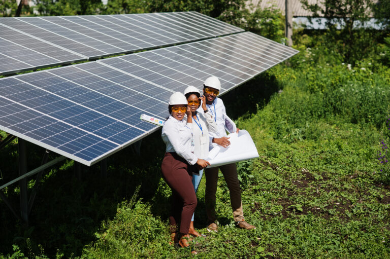 African american technician checks the maintenance of the solar